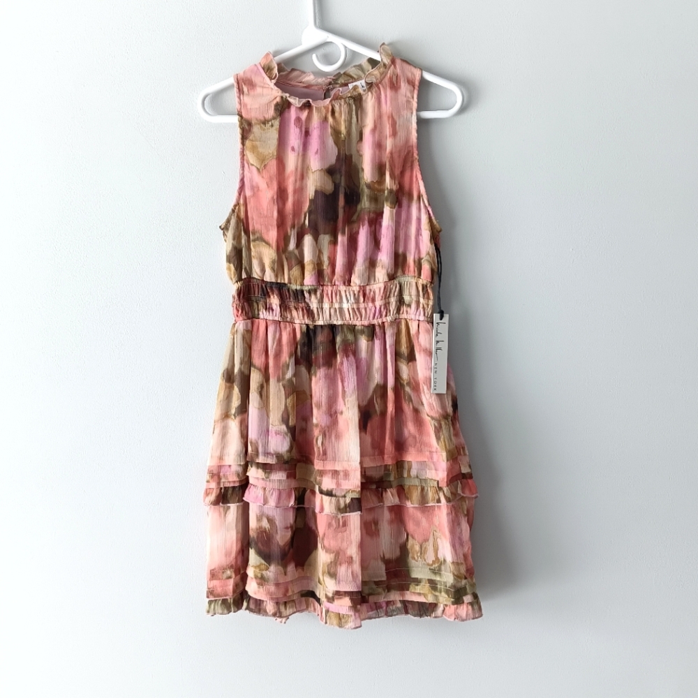 New Nicole Miller NY Sleeveless Mini Dress Watercolor Pink Green Gold Medium